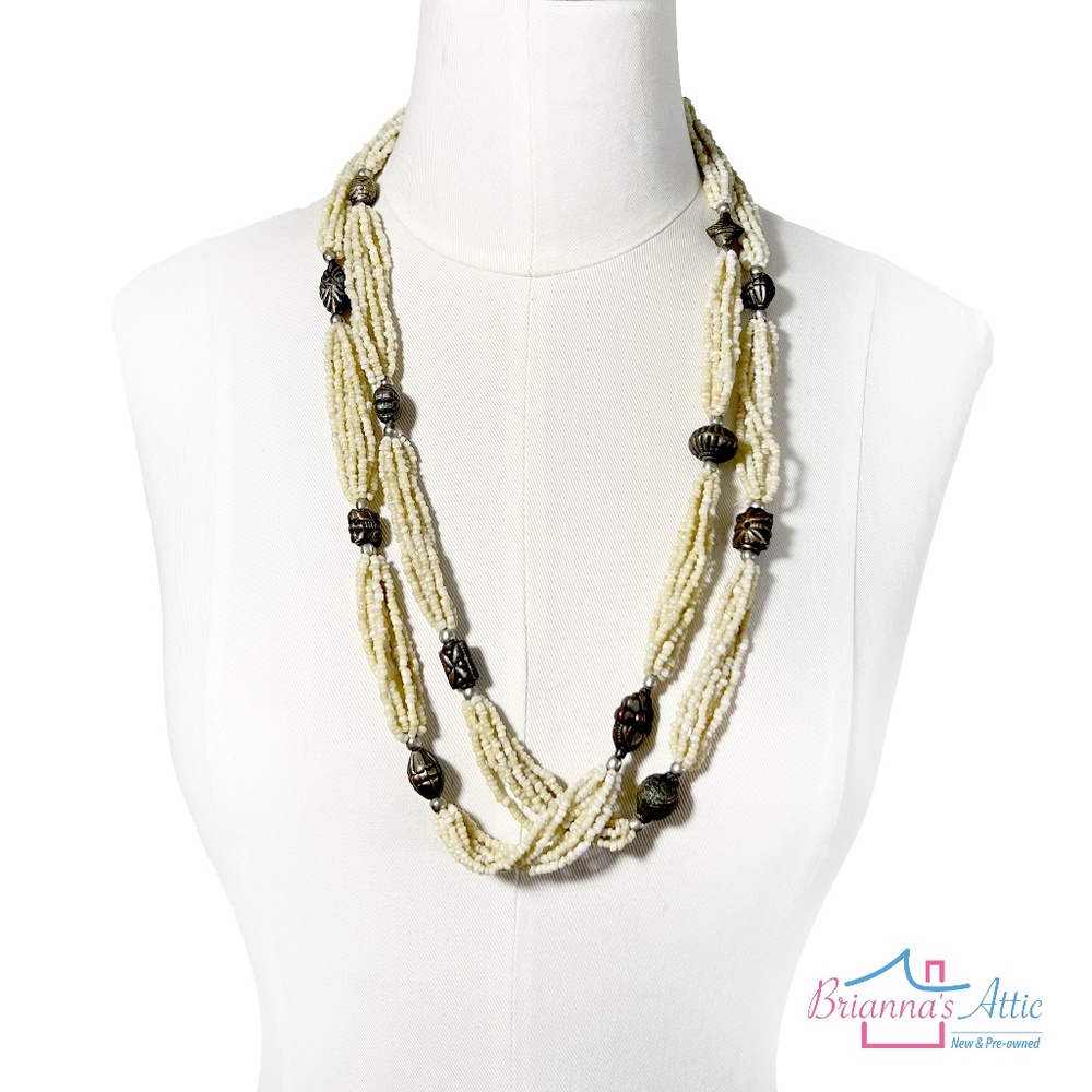 Vintage Beaded Statement Necklace Chain Black and Off white -2 pieces
